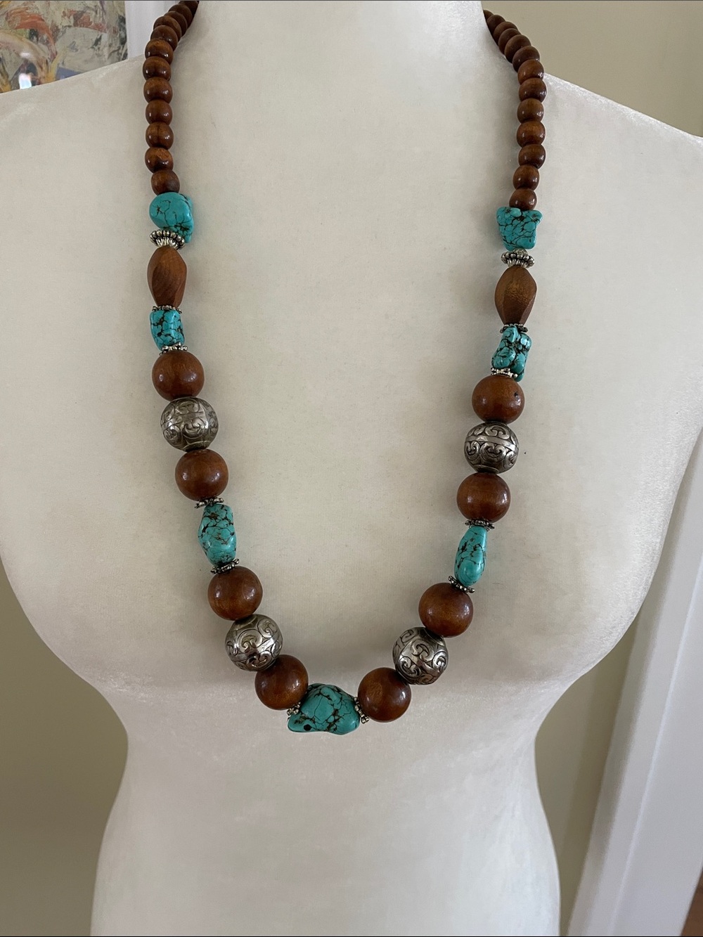 VINTAGE BOHO TURQUOISE & WOOD BEAD NECKLACE Silver Engraved Filigree Statement